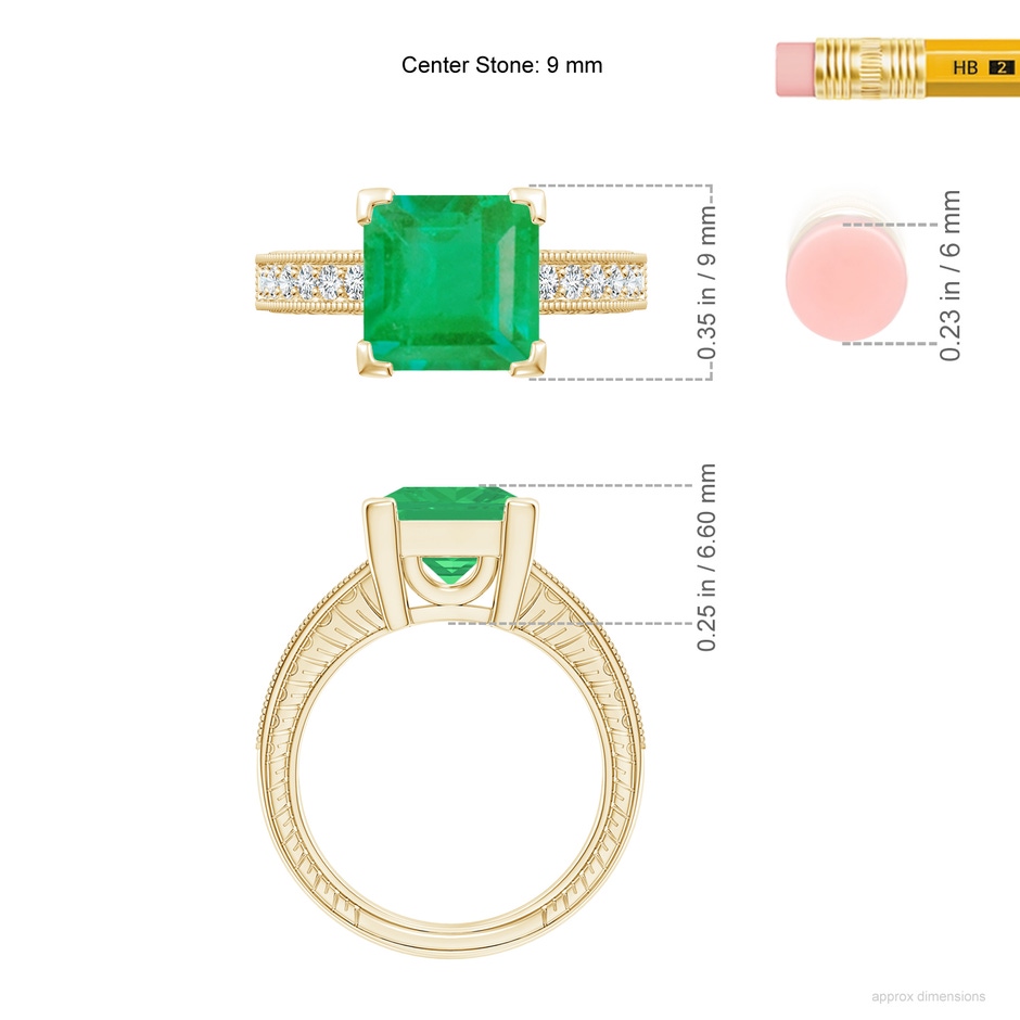 9mm A Square Cut Emerald Solitaire Ring with Milgrain Detailing in Yellow Gold ruler