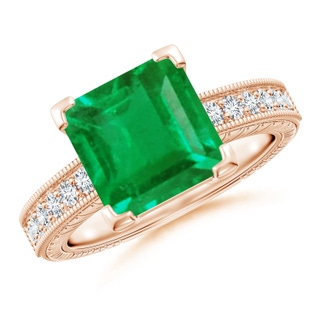 9mm AA Square Cut Emerald Solitaire Ring with Milgrain Detailing in Rose Gold