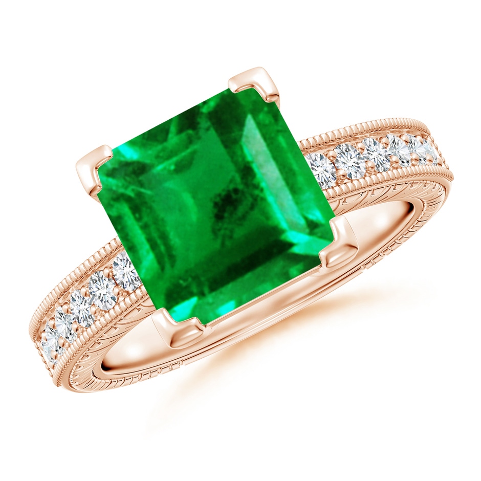 9mm AAA Square Cut Emerald Solitaire Ring with Milgrain Detailing in Rose Gold 