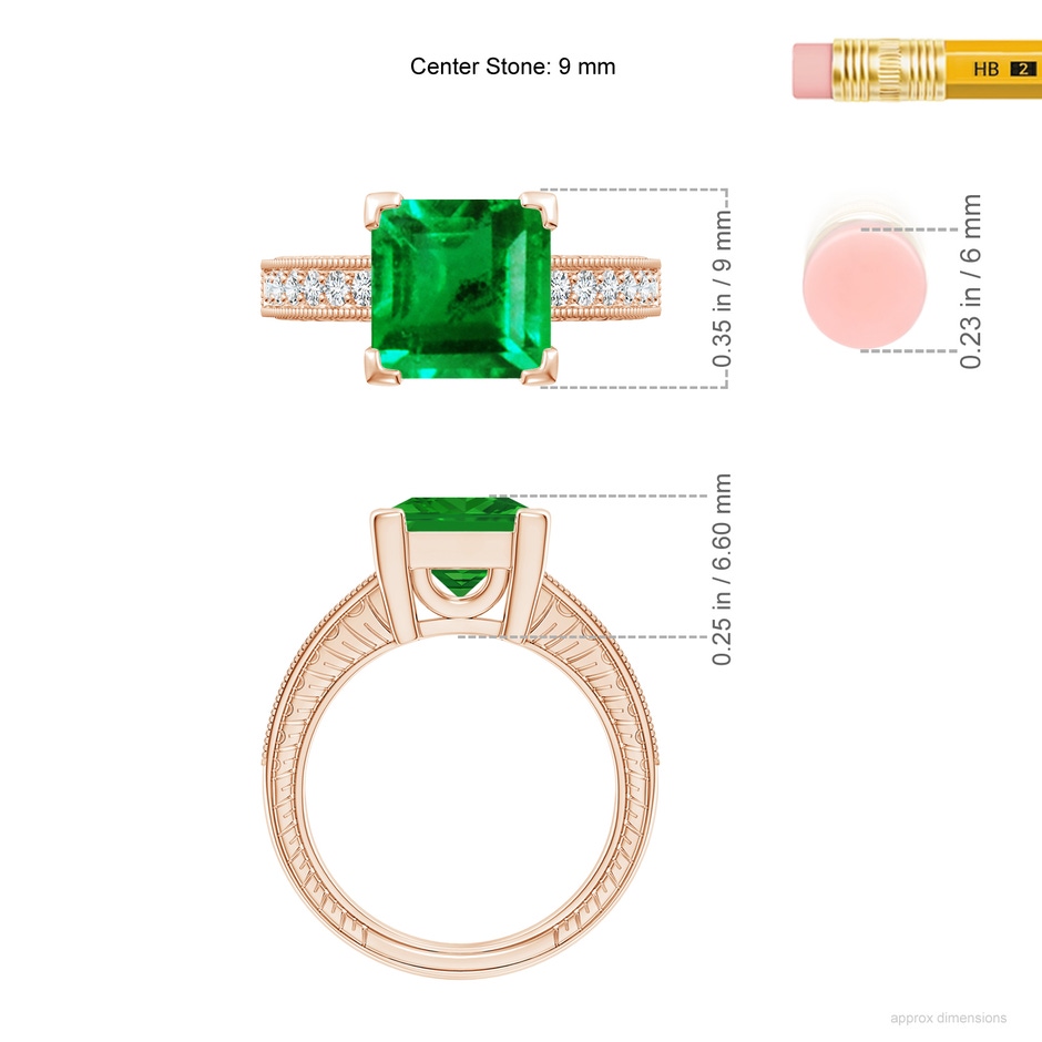 9mm AAA Square Cut Emerald Solitaire Ring with Milgrain Detailing in Rose Gold ruler