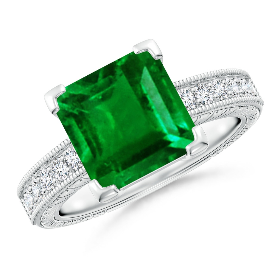 9mm AAAA Square Cut Emerald Solitaire Ring with Milgrain Detailing in P950 Platinum 