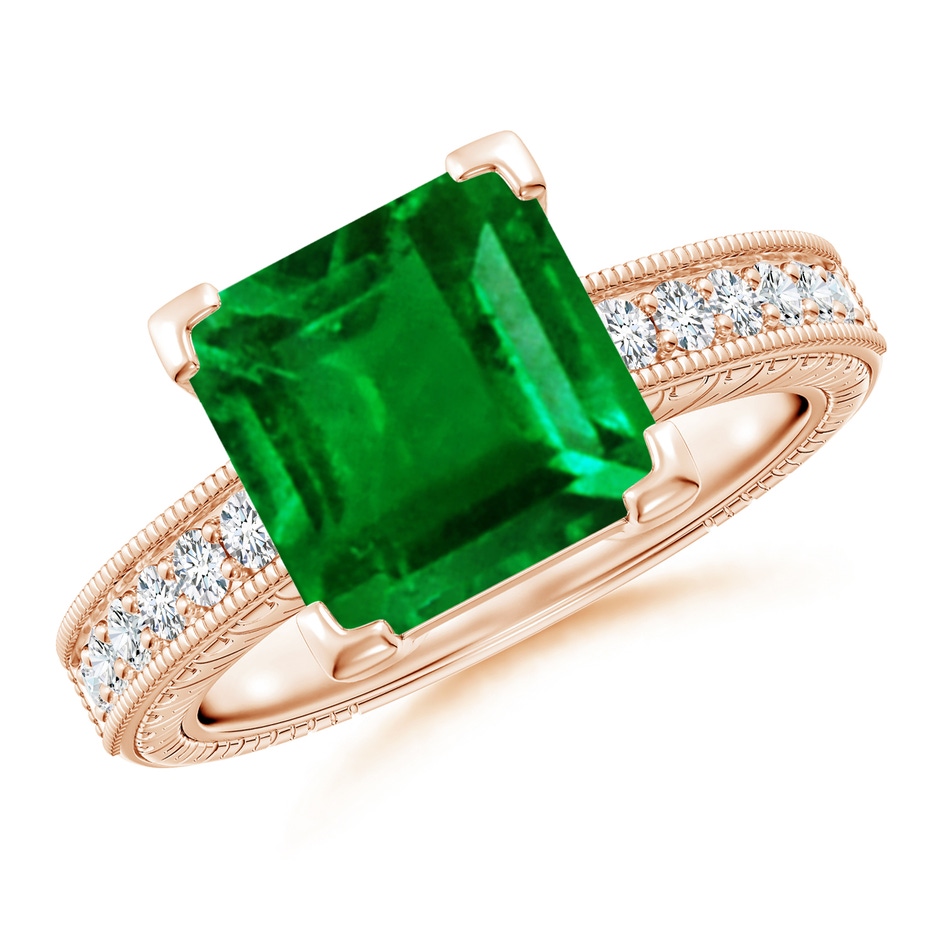 9mm AAAA Square Cut Emerald Solitaire Ring with Milgrain Detailing in Rose Gold 