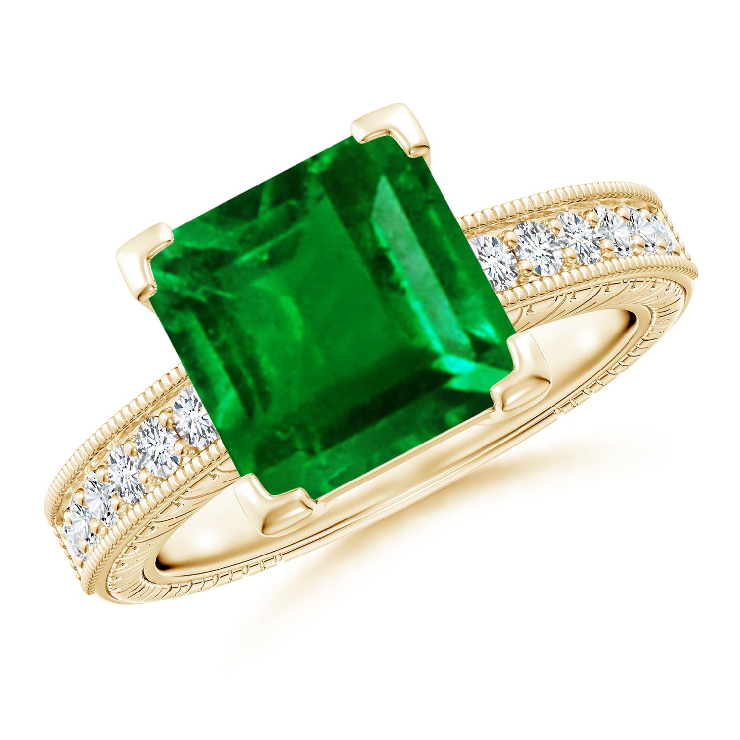 9mm AAAA Square Cut Emerald Solitaire Ring with Milgrain Detailing in Yellow Gold