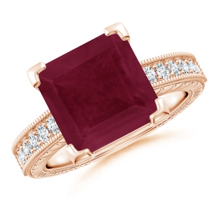 10mm A Square Cut Ruby Solitaire Ring with Milgrain Detailing in Rose Gold