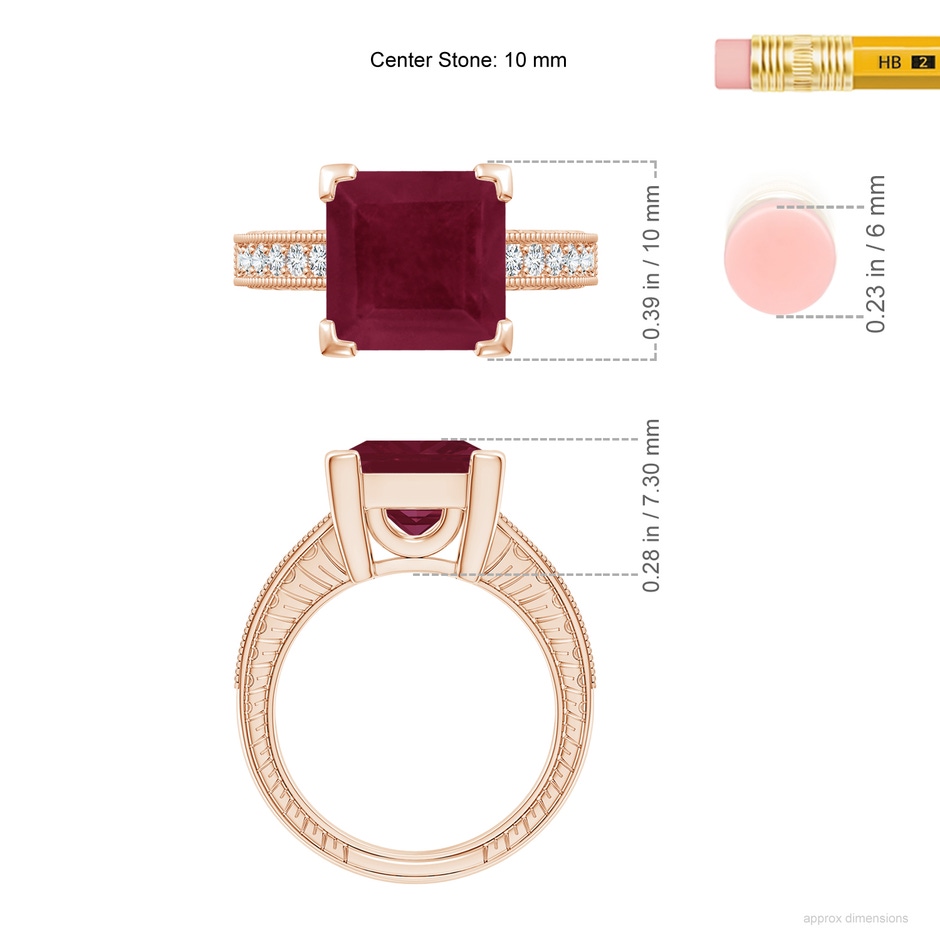 10mm A Square Cut Ruby Solitaire Ring with Milgrain Detailing in Rose Gold ruler