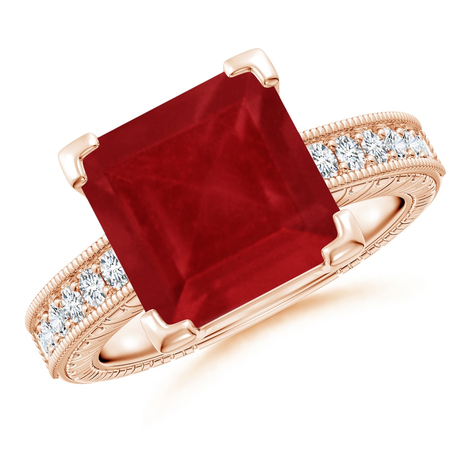 10mm AA Square Cut Ruby Solitaire Ring with Milgrain Detailing in Rose Gold 