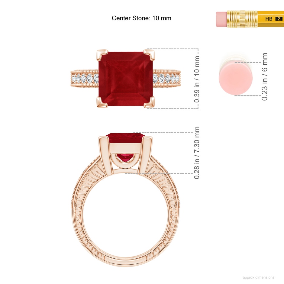 10mm AA Square Cut Ruby Solitaire Ring with Milgrain Detailing in Rose Gold ruler