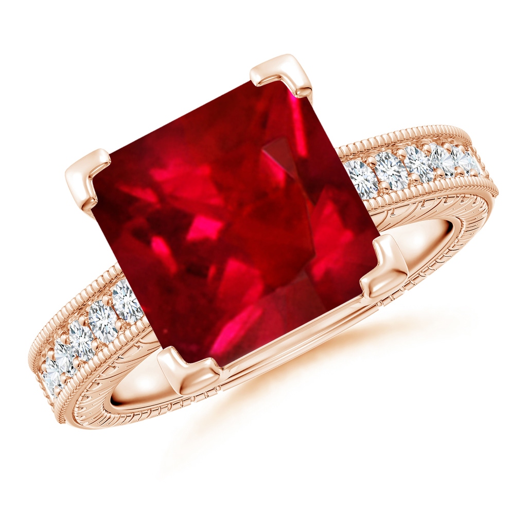 10mm AAAA Square Cut Ruby Solitaire Ring with Milgrain Detailing in Rose Gold