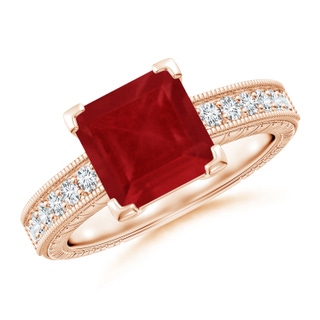 8mm AA Square Cut Ruby Solitaire Ring with Milgrain Detailing in Rose Gold