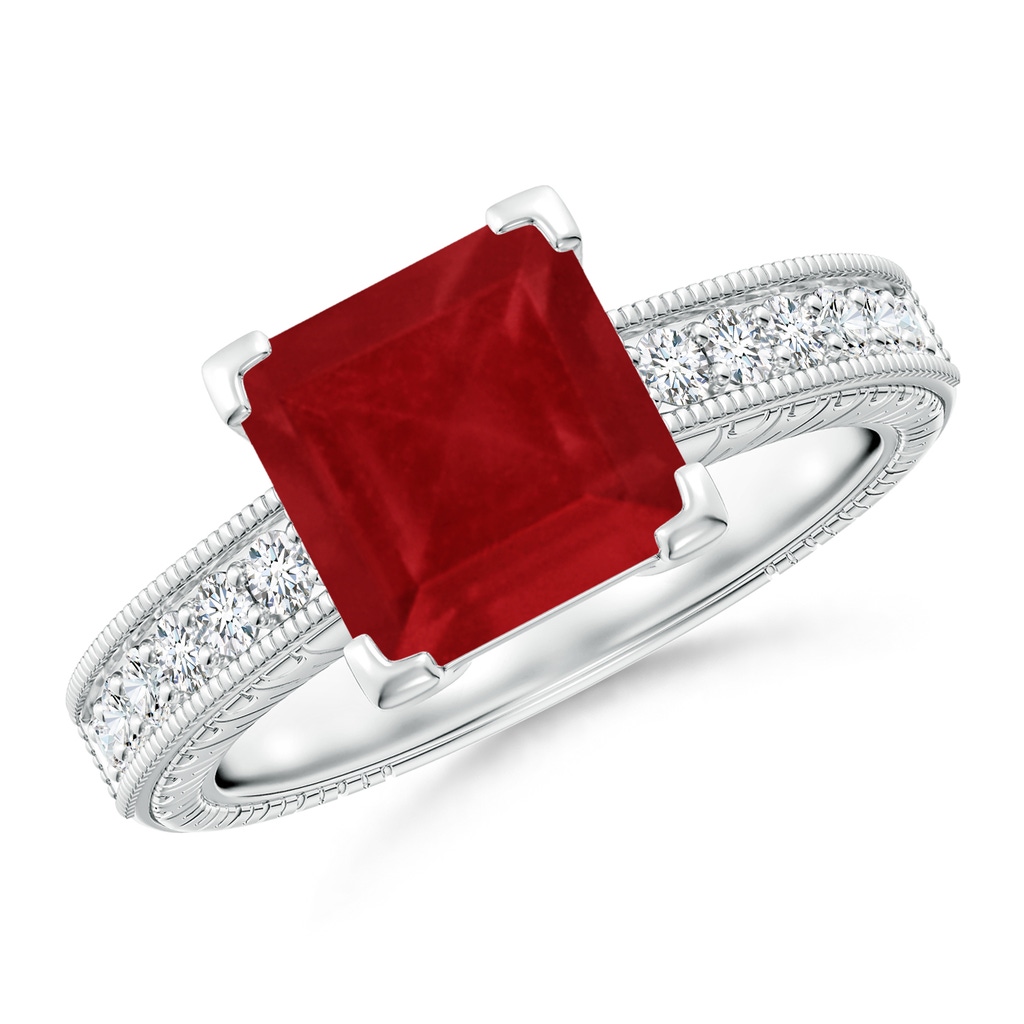 8mm AA Square Cut Ruby Solitaire Ring with Milgrain Detailing in White Gold