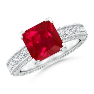 8mm AAA Square Cut Ruby Solitaire Ring with Milgrain Detailing in P950 Platinum