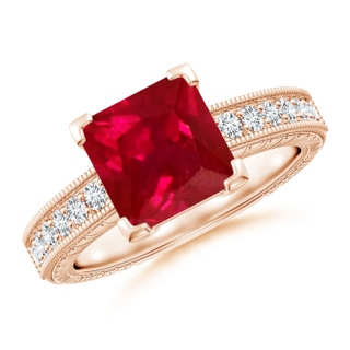 8mm AAA Square Cut Ruby Solitaire Ring with Milgrain Detailing in Rose Gold