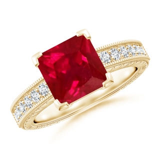 8mm AAA Square Cut Ruby Solitaire Ring with Milgrain Detailing in Yellow Gold