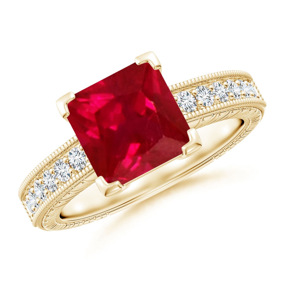 8mm AAA Square Cut Ruby Solitaire Ring with Milgrain Detailing in Yellow Gold 