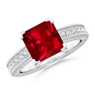 8mm AAAA Square Cut Ruby Solitaire Ring with Milgrain Detailing in P950 Platinum