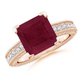 9mm A Square Cut Ruby Solitaire Ring with Milgrain Detailing in Rose Gold