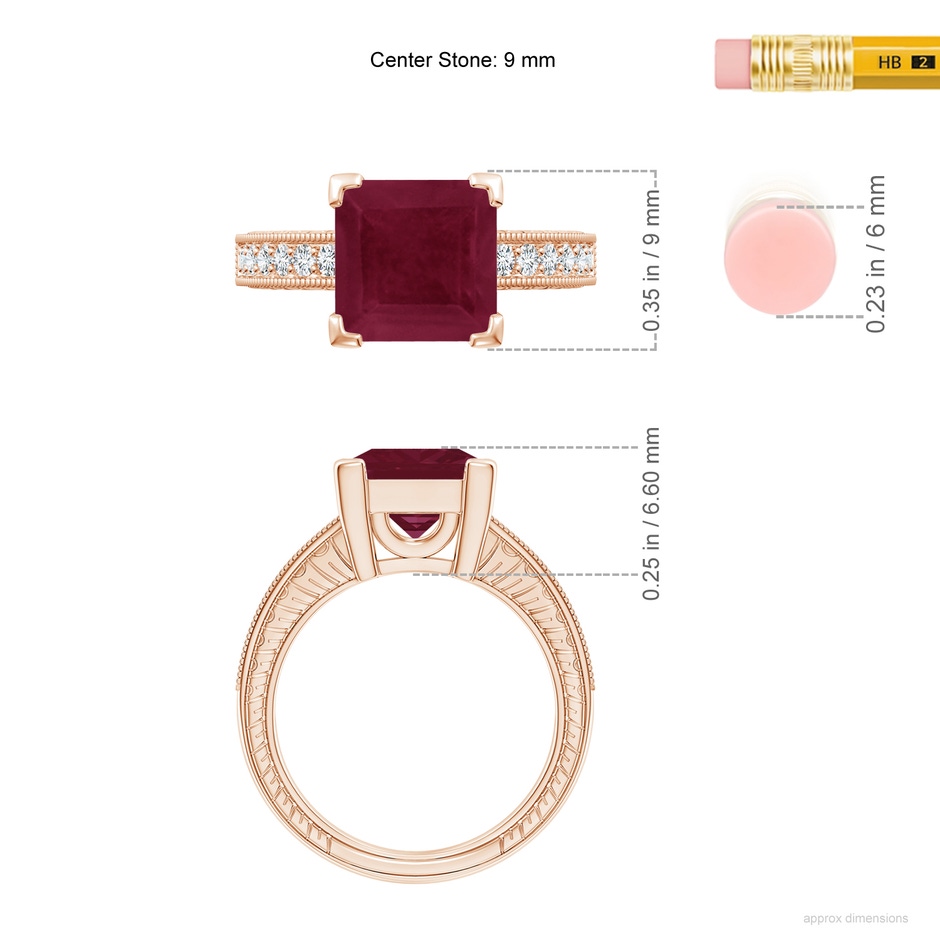 9mm A Square Cut Ruby Solitaire Ring with Milgrain Detailing in Rose Gold ruler