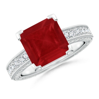 9mm AA Square Cut Ruby Solitaire Ring with Milgrain Detailing in P950 Platinum