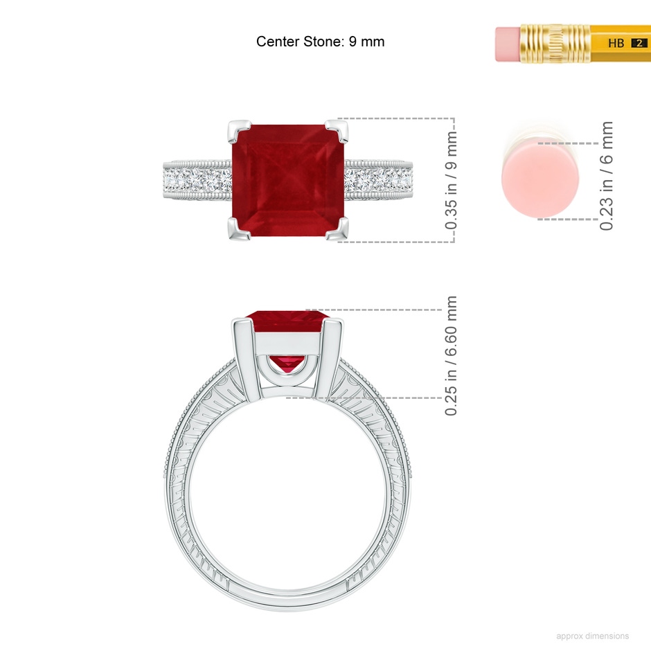 9mm AA Square Cut Ruby Solitaire Ring with Milgrain Detailing in P950 Platinum ruler