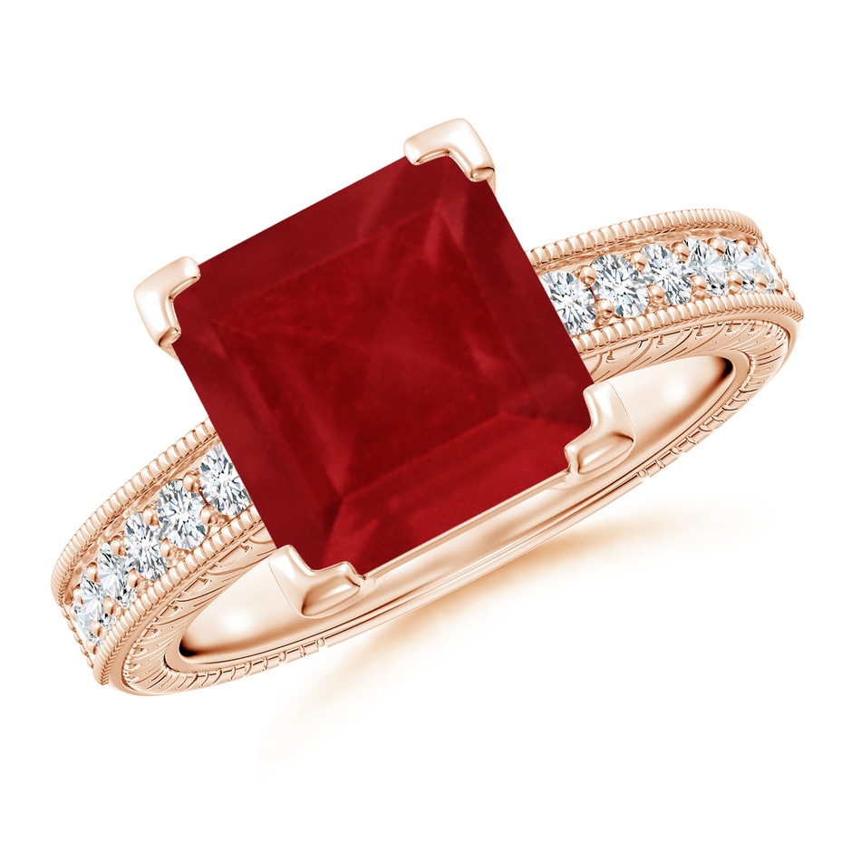 9mm AA Square Cut Ruby Solitaire Ring with Milgrain Detailing in Rose Gold 