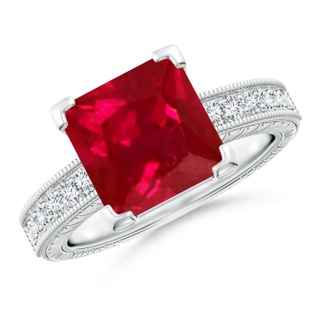 9mm AAA Square Cut Ruby Solitaire Ring with Milgrain Detailing in P950 Platinum