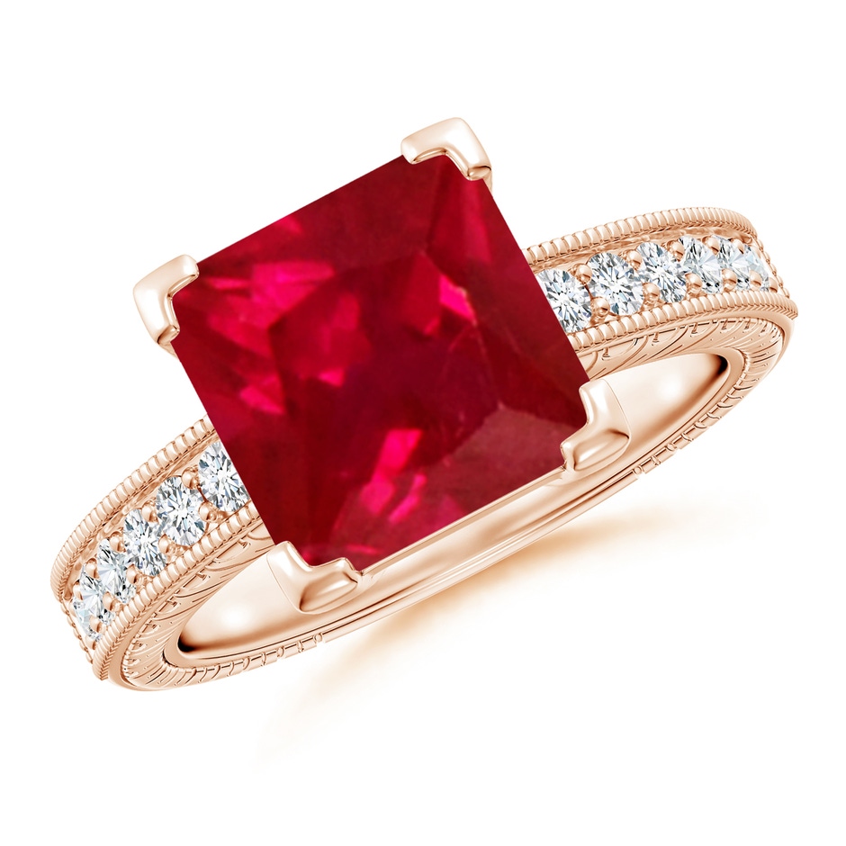 9mm AAA Square Cut Ruby Solitaire Ring with Milgrain Detailing in Rose Gold 