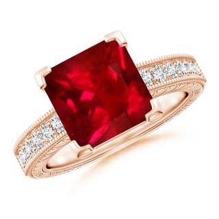 9mm AAAA Square Cut Ruby Solitaire Ring with Milgrain Detailing in Rose Gold