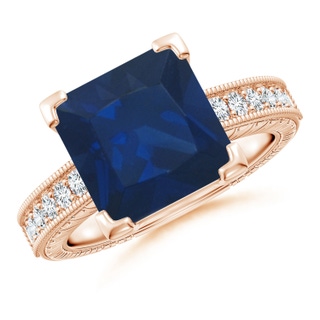 10mm AA Square Cut Blue Sapphire Solitaire Ring with Milgrain Detailing in Rose Gold