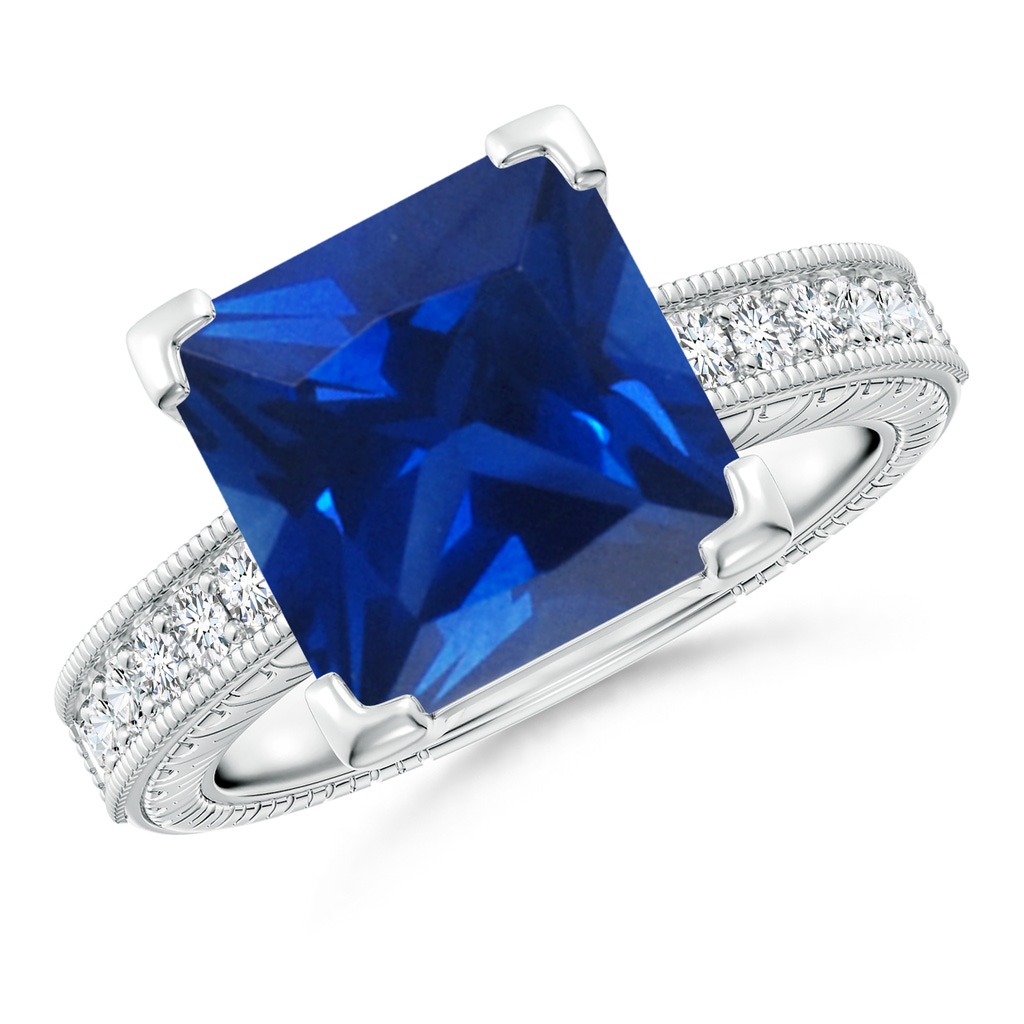 10mm Lab-Grown Square Cut Blue Sapphire Solitaire Ring with Milgrain Detailing in White Gold