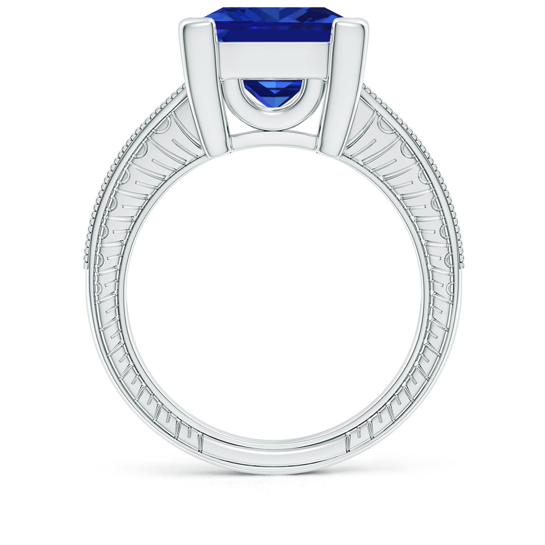 10mm AAAA Square Cut Blue Sapphire Solitaire Ring with Milgrain Detailing in White Gold - side 4
