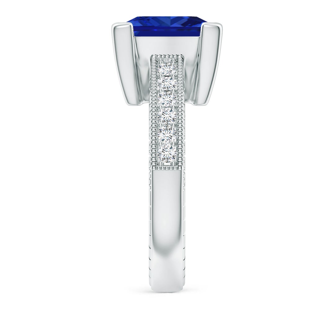 10mm AAAA Square Cut Blue Sapphire Solitaire Ring with Milgrain Detailing in White Gold - side 5