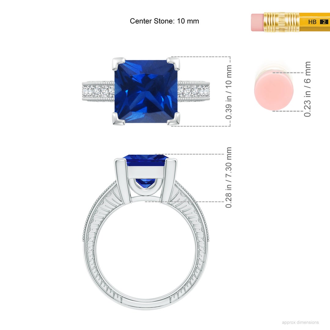 10mm AAAA Square Cut Blue Sapphire Solitaire Ring with Milgrain Detailing in White Gold - ruler