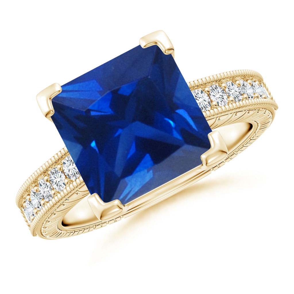 10mm Lab-Grown Square Cut Blue Sapphire Solitaire Ring with Milgrain Detailing in Yellow Gold