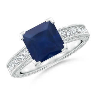 8mm A Square Cut Blue Sapphire Solitaire Ring with Milgrain Detailing in P950 Platinum