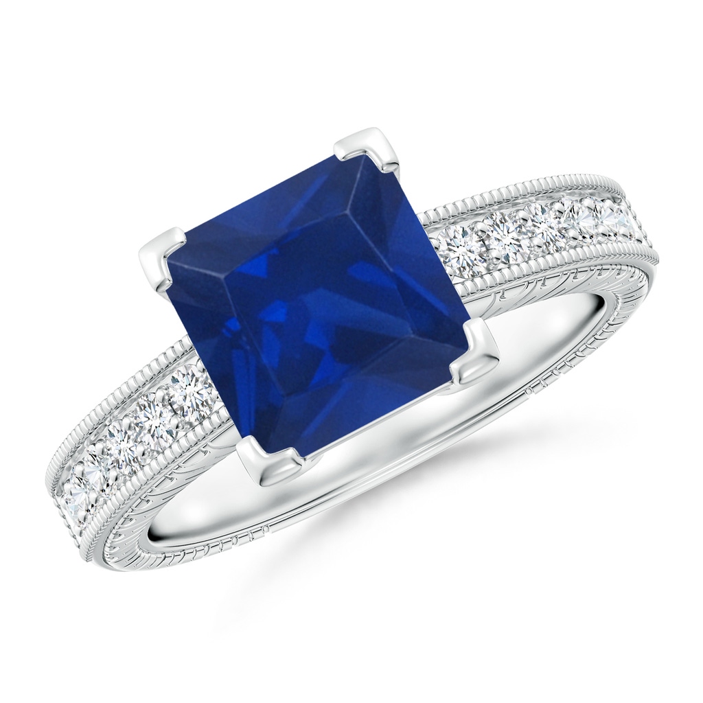 8mm AAA Square Cut Blue Sapphire Solitaire Ring with Milgrain Detailing in White Gold