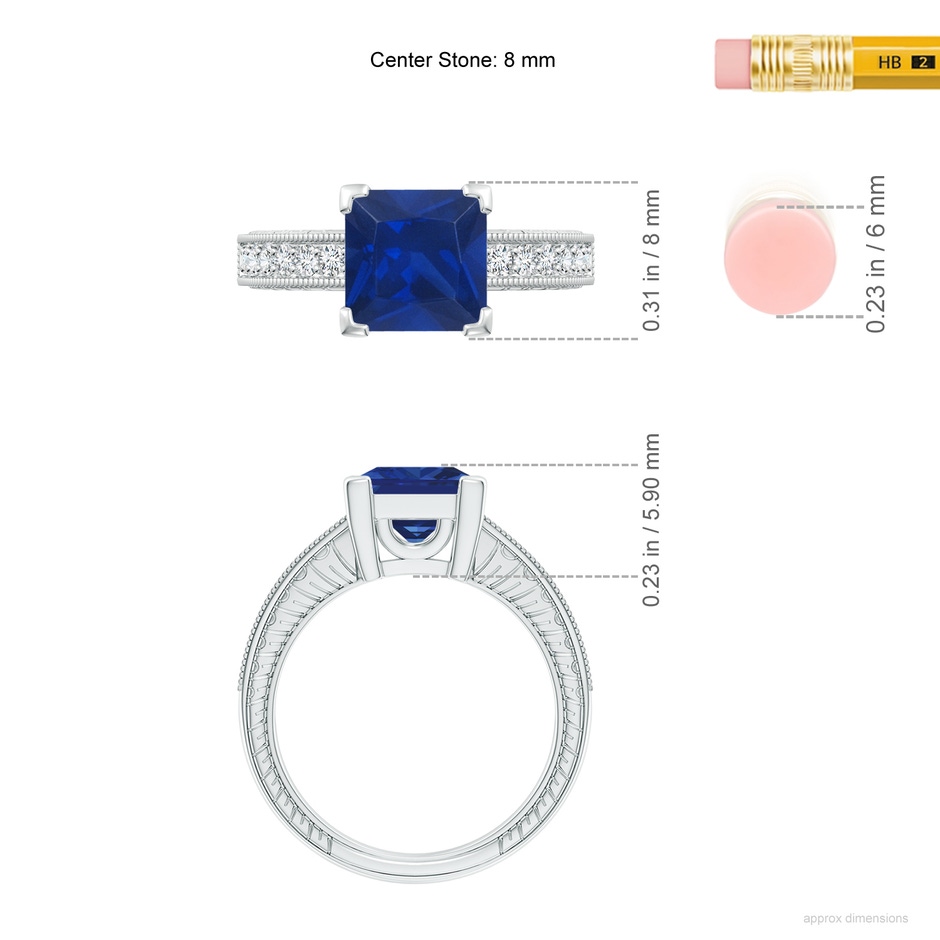 8mm AAA Square Cut Blue Sapphire Solitaire Ring with Milgrain Detailing in White Gold ruler