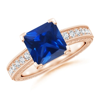 8mm AAAA Square Cut Blue Sapphire Solitaire Ring with Milgrain Detailing in Rose Gold