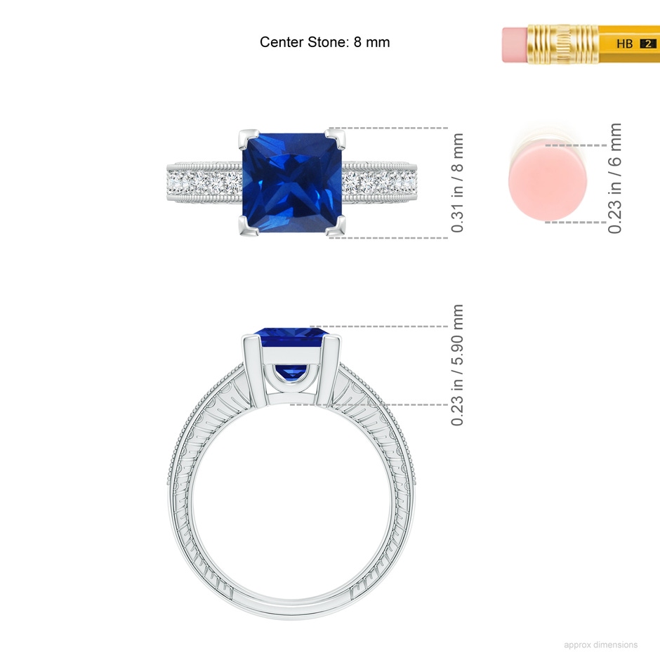 8mm Lab-Grown Square Cut Blue Sapphire Solitaire Ring with Milgrain Detailing in White Gold ruler