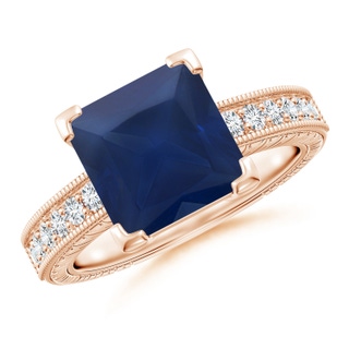 9mm A Square Cut Blue Sapphire Solitaire Ring with Milgrain Detailing in Rose Gold