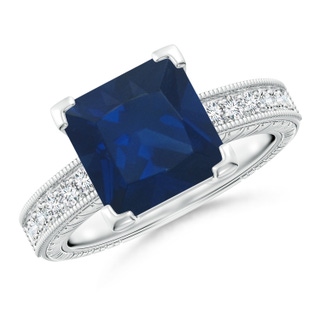 9mm AA Square Cut Blue Sapphire Solitaire Ring with Milgrain Detailing in P950 Platinum