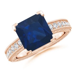 9mm AA Square Cut Blue Sapphire Solitaire Ring with Milgrain Detailing in Rose Gold