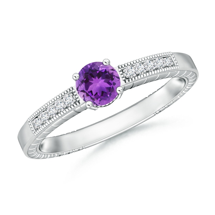 5mm AAA Round Amethyst Solitaire Ring with Milgrain in White Gold