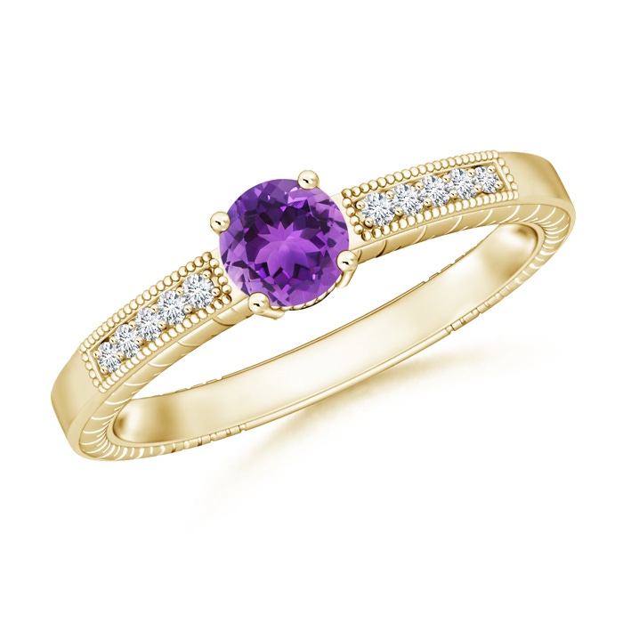 5mm AAA Round Amethyst Solitaire Ring with Milgrain in Yellow Gold 