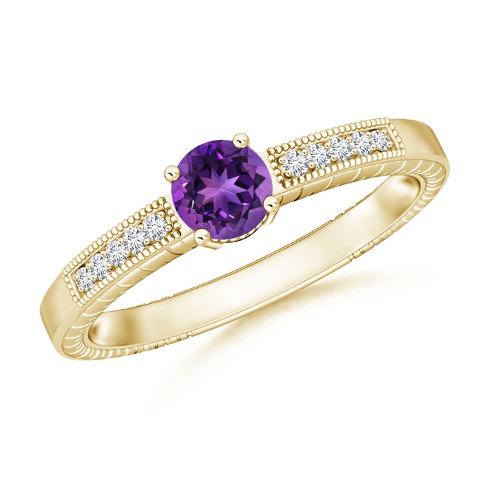 5mm AAAA Round Amethyst Solitaire Ring with Milgrain in Yellow Gold 
