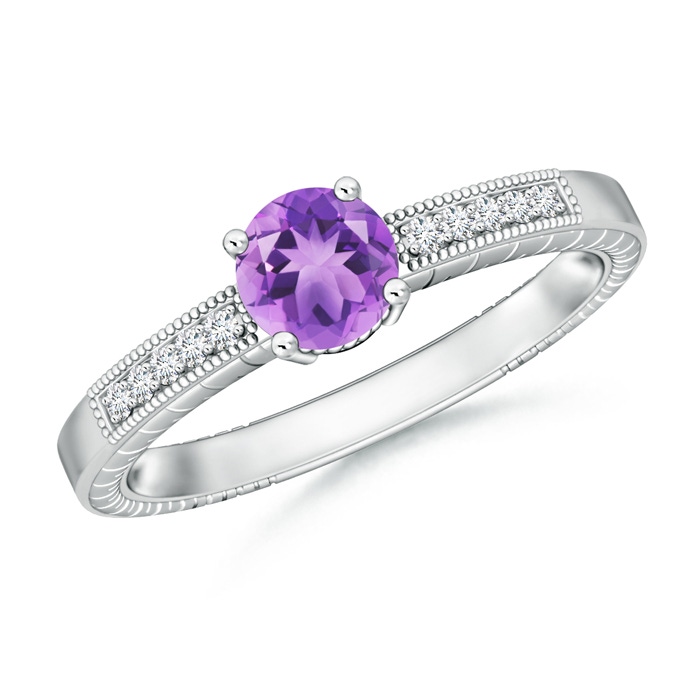 6mm A Round Amethyst Solitaire Ring with Milgrain in White Gold 