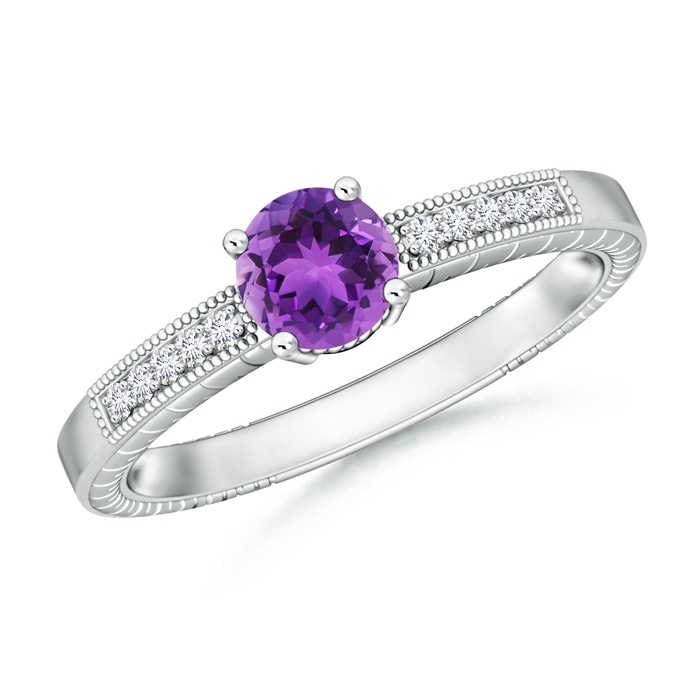 6mm AAA Round Amethyst Solitaire Ring with Milgrain in White Gold