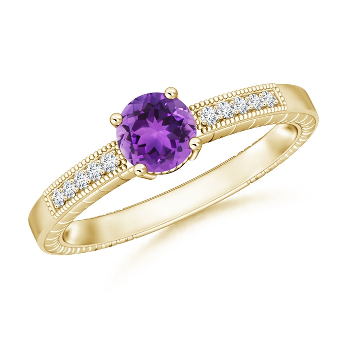 6mm AAA Round Amethyst Solitaire Ring with Milgrain in Yellow Gold 