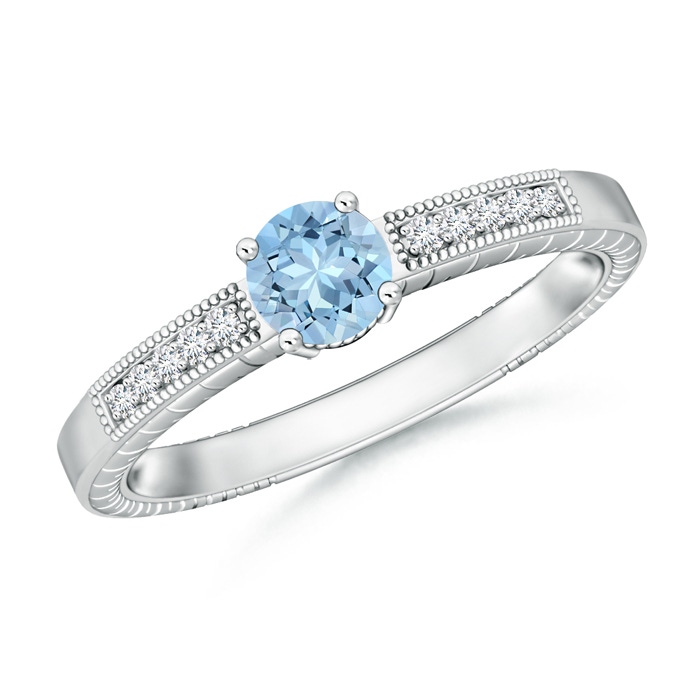 5mm AAA Round Aquamarine Solitaire Ring with Milgrain in White Gold