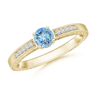 5mm AAAA Round Aquamarine Solitaire Ring with Milgrain in Yellow Gold