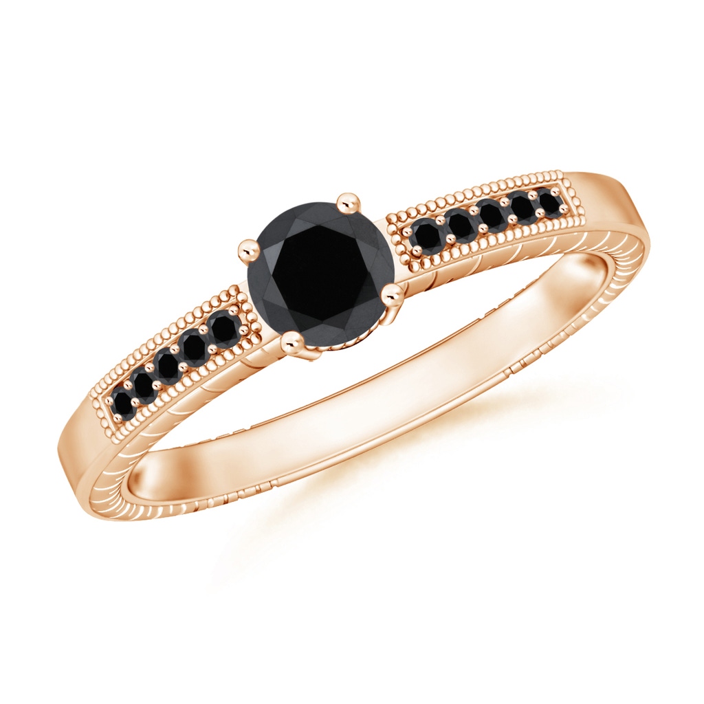 5mm AA Round Black Diamond Solitaire Ring with Milgrain in Rose Gold